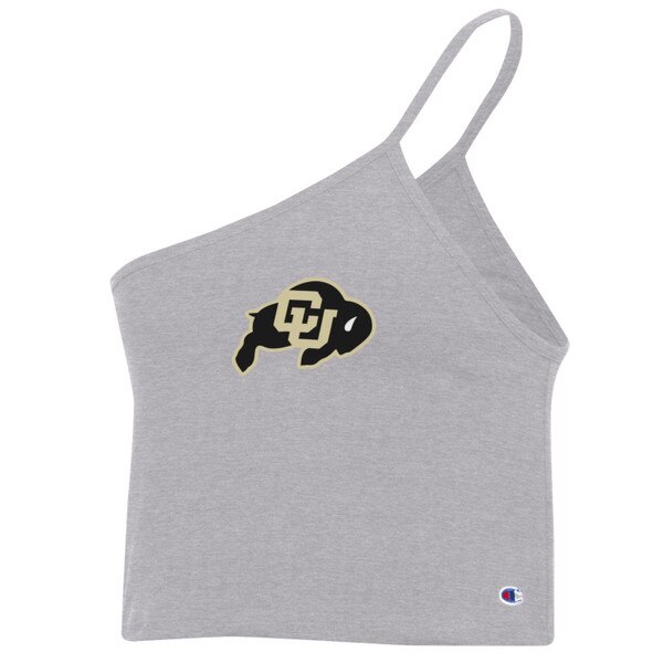 A heather gray one shoulder cropped cami, featuring a C-U Buffalo logo.